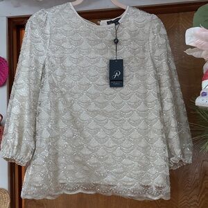 Adrianna Papell Paletaupe Sequin Top white scalloped sequins S